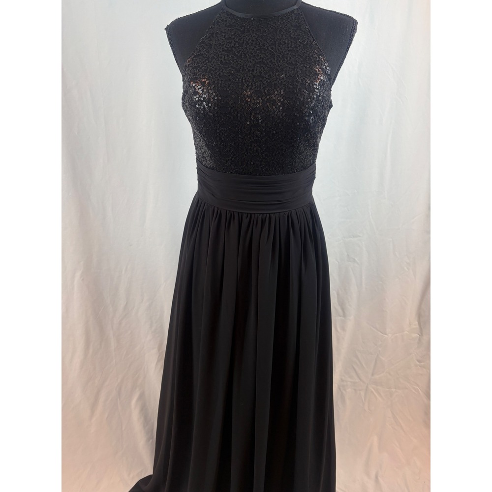 Black Sequin Halter Neck Maxi Dress Open Back Ruched Waist Formal Evening Gown - Picture 6 of 16